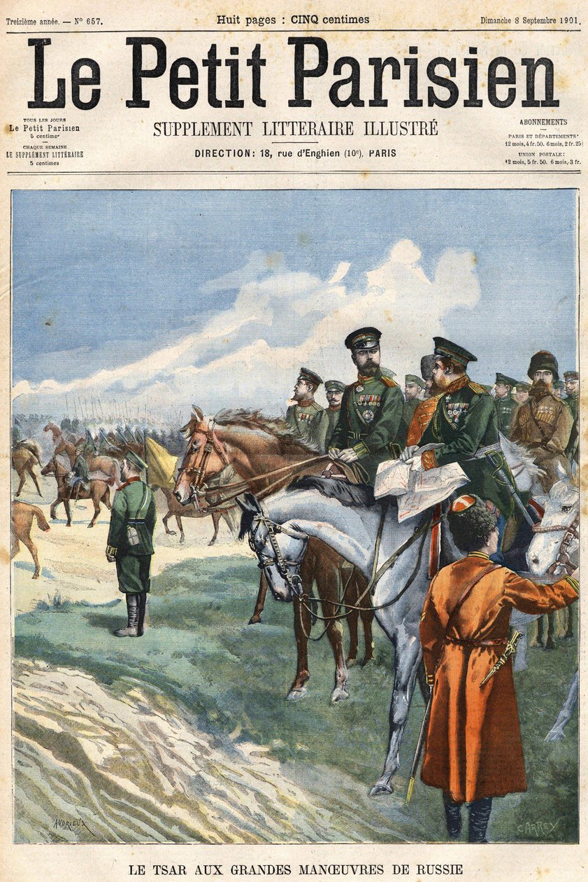 O Czar (Nicolau II) para as grandes manobras da Rússia. Capa "Le Peute Parisien" de 09/08/1901. de Clément Auguste Andrieux
