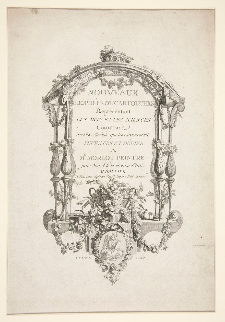 Página de título de New Trophees ou cartouches representando as artes e ciências de Clément Pierre Marillier