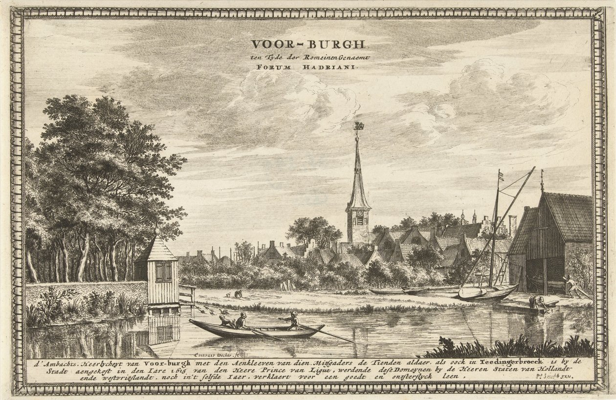 Vista de Voorburg Voor-burgh na época dos romanos chamado Forum Hadriani (título no objeto) de Coenraet Decker