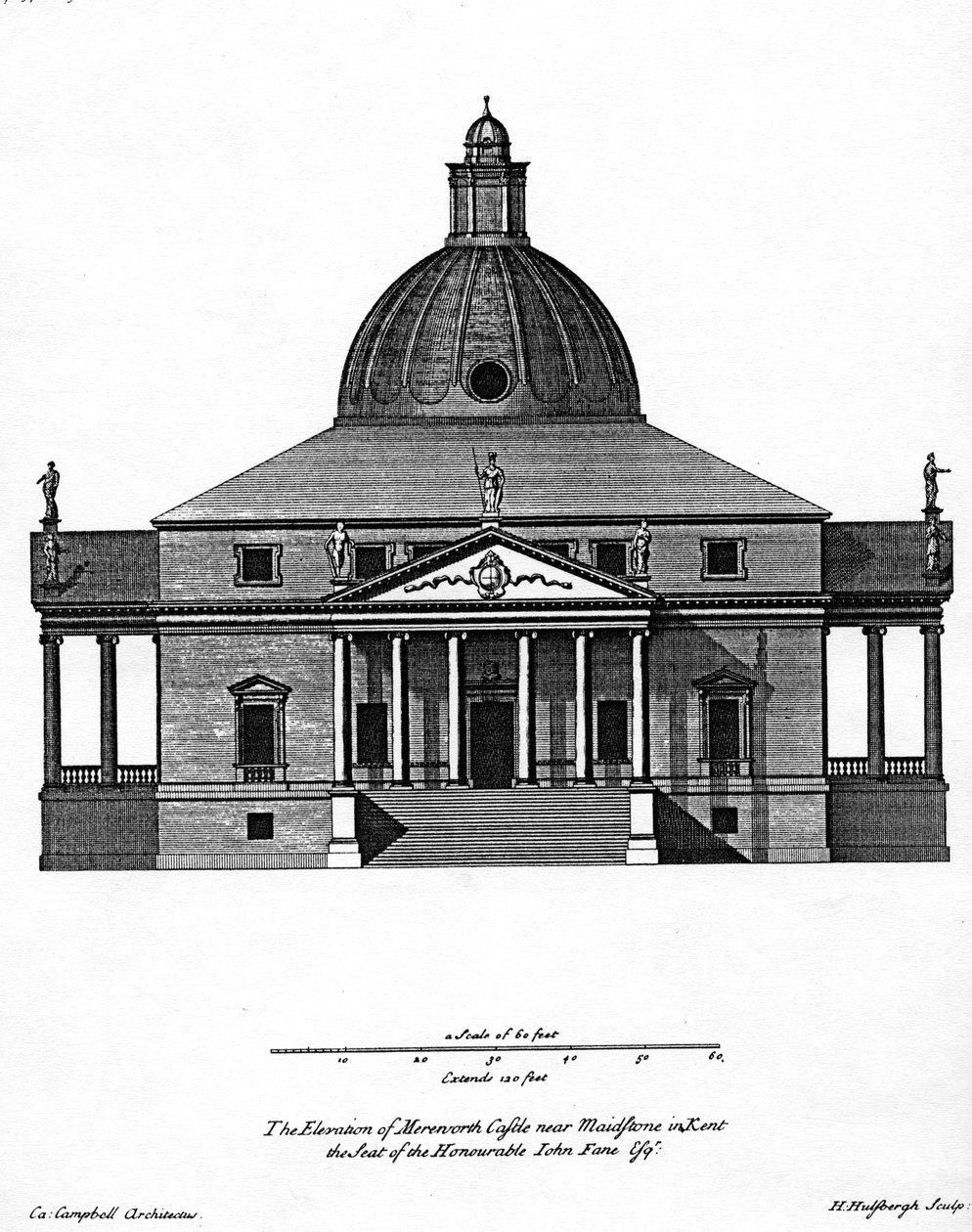 Elevação do Castelo de Mereworth, gravado por H. Hulsbergh, c.1722-24 de Colen Campbell