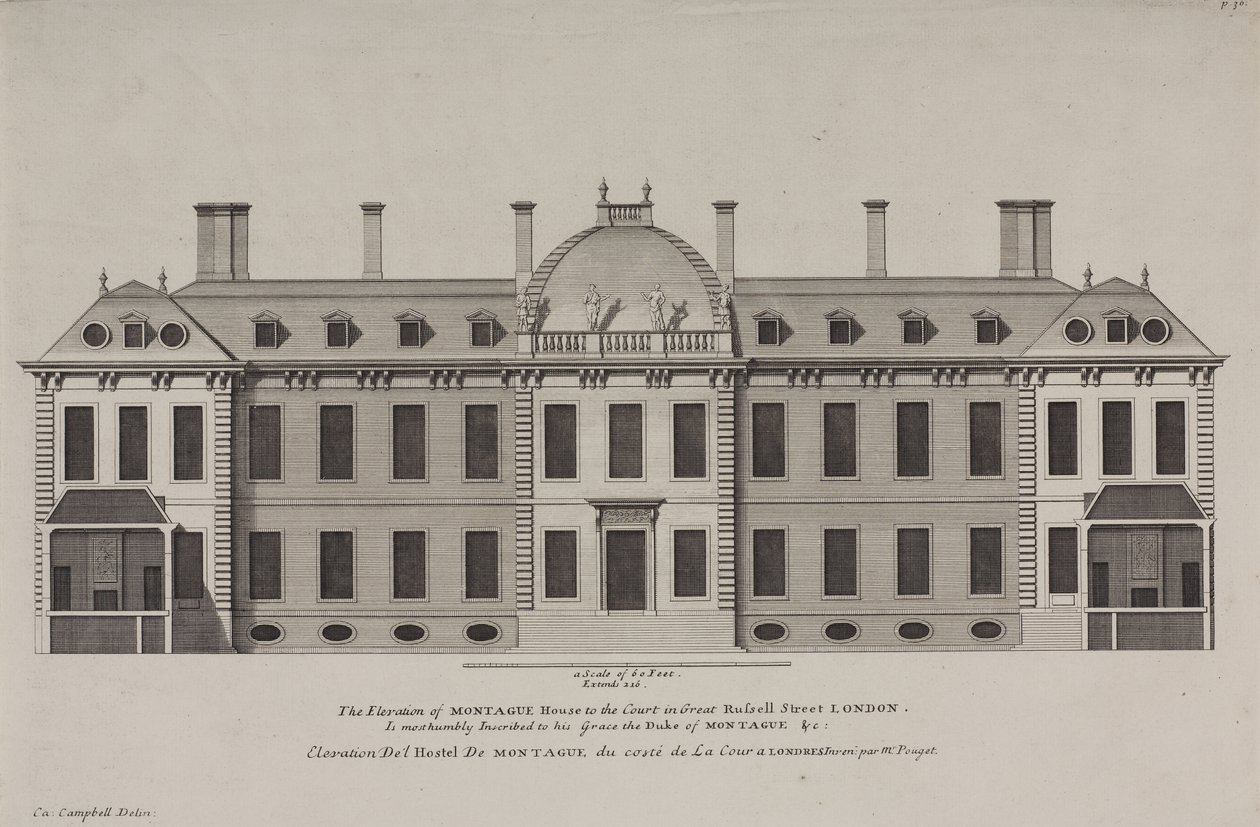 Elevação da Casa de Montague à corte da Rua Great Russell, Holborn, c.1725 (gravura) de Colen Campbell