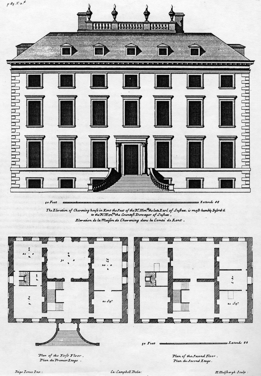 A elevação da casa de Chevening em Kent, gravada por H. Hilsbergh, ilustração de "Vitruvius Britannicus" de Colen Campbell, publicada c.1715-1725 de Colen Campbell
