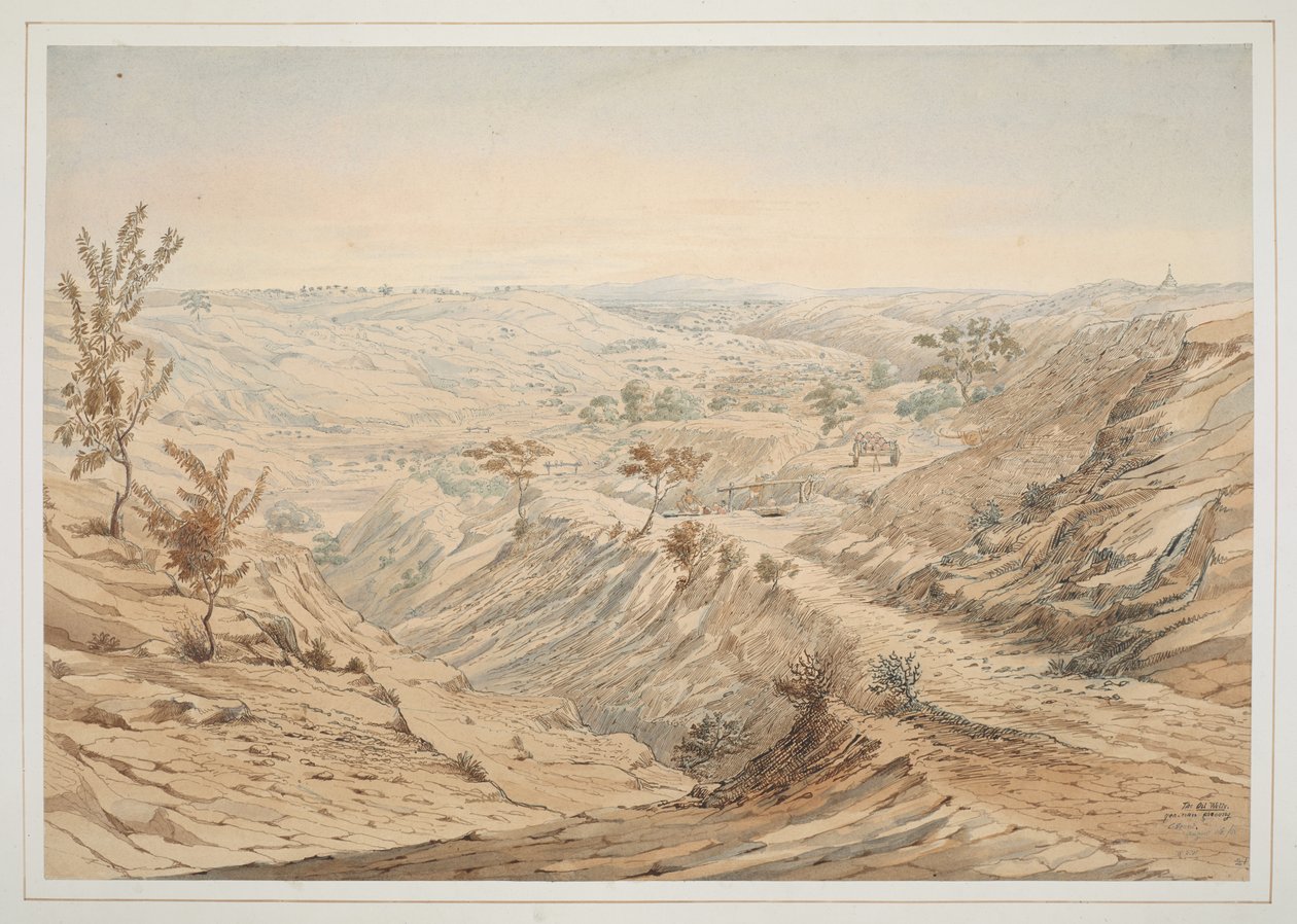 Os poços de petróleo: Ye-an-nan-gyoung, aquarela nº 18 de "Uma série de vistas na Birmânia tiradas durante a missão do major Phayre na corte de Ava em 1855" de Colesworthy Grant