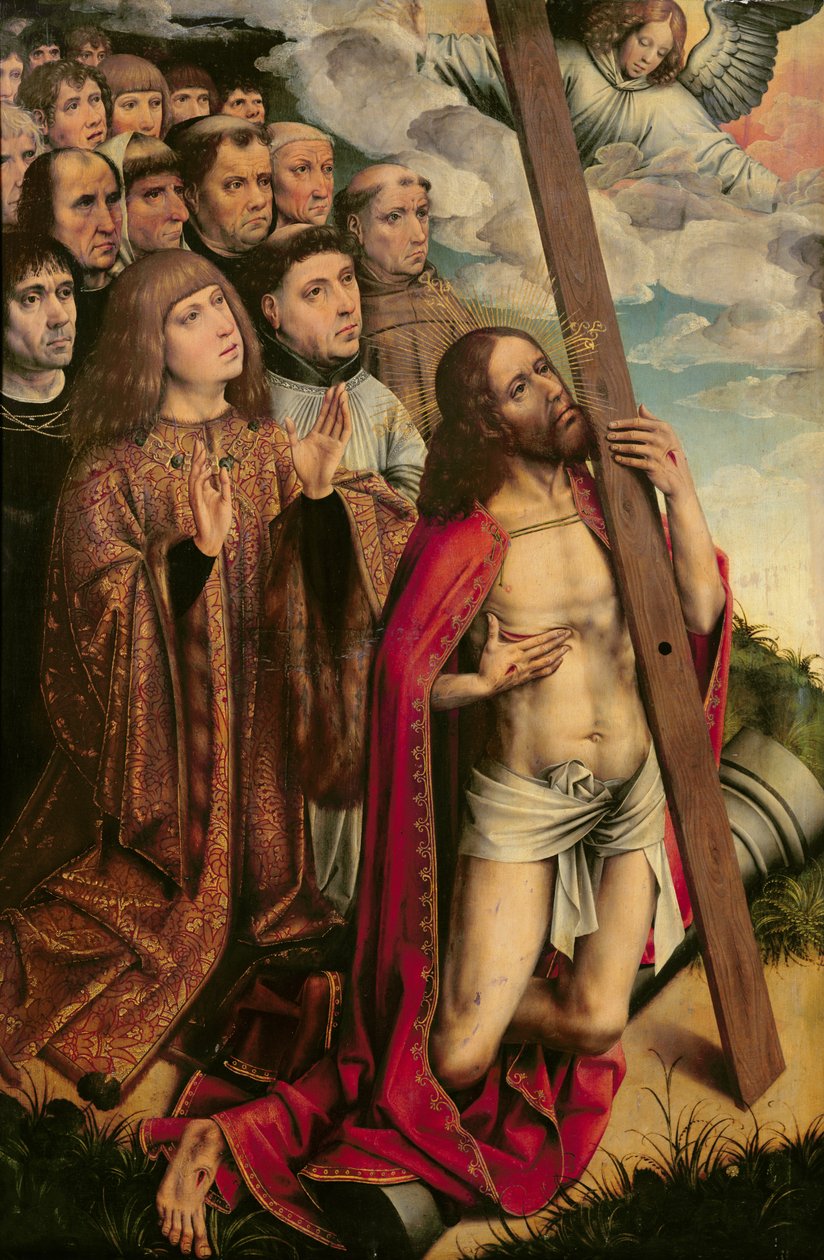 Cristo, o Mediador, com Filipe, o Belo (1478-1506) e seu séquito, painel da mão esquerda de um retábulo (ver também 223221) de Colijn de Coter