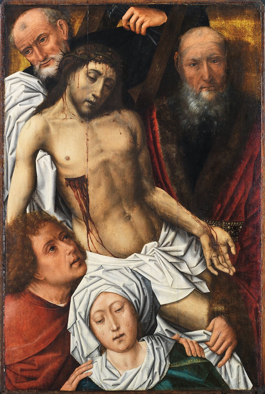 A Descida da Cruz - Pintura de Colijn De Coter (por volta de 1440 ou 1445-1522 ou 1532), óleo sobre madeira, por volta de 1500, 98x65 cm - A Descida da Cruz, Óleo sobre madeira de Colijn De Coter - Museo de Bellas Artes de Bilbau de Colijn de Coter