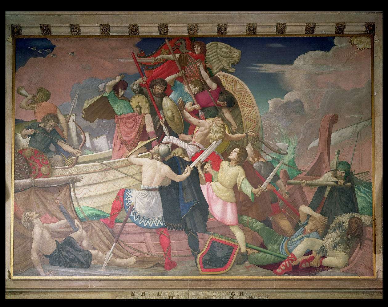 Longships Rei Alfred, Recém-construído para a defesa do reino, Vasos de ataque dos invasores dinamarqueses Storm-espancado em Swanage Bay em 877, detalhe da série no St. Stephen&39;s Hall, pintado bettw de Colin Unwin Gill