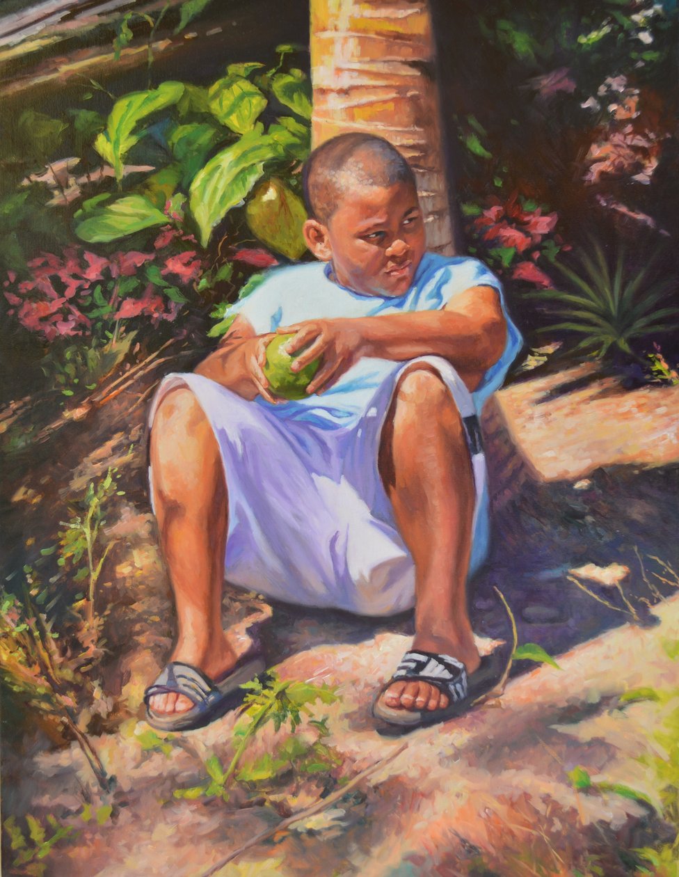 Menino, fruta-pão, coco, 2019 de Colin Bootman
