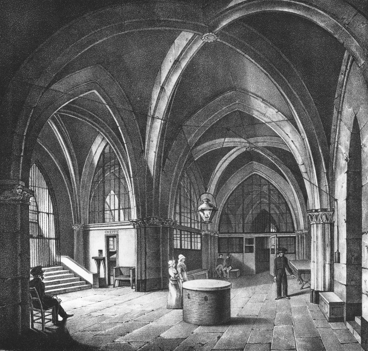 Vista interior da sala de entrada na prisão de Conciergerie, gravada por Alphonse Urruty (1800-70) c.1831 de Collard