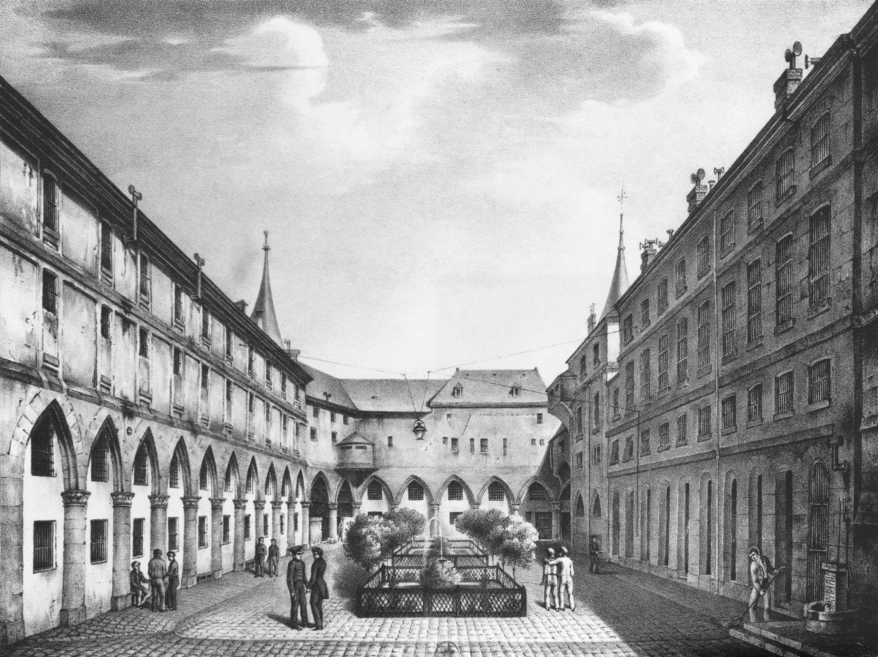 Vista da jarda dos homens na prisão de Conciergerie, gravada por Alphonse Urruty (1800-70) c.1831 de Collard