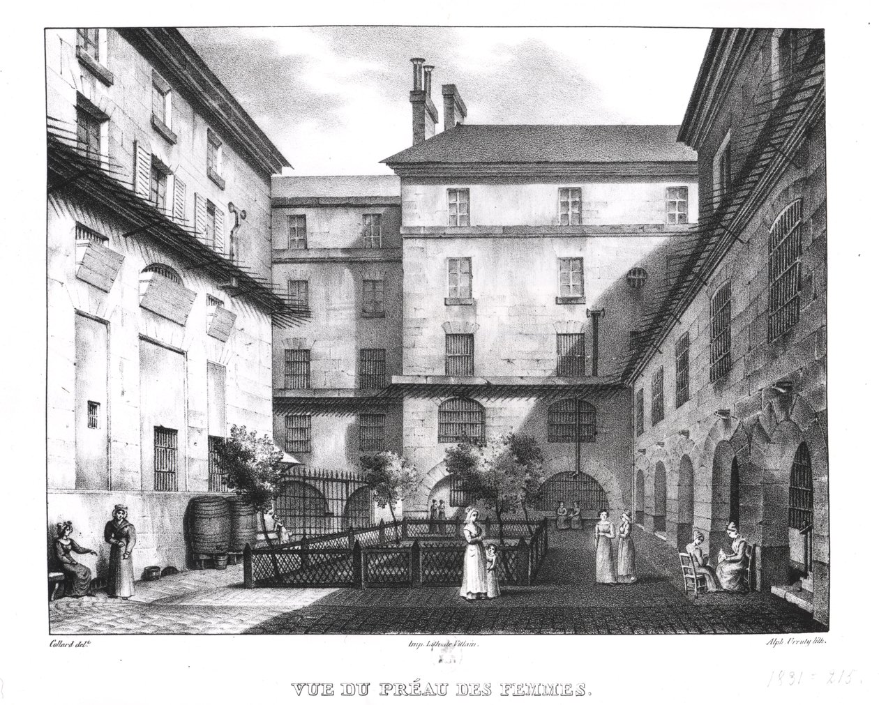Vista do pátio das mulheres na prisão de Conciergerie, gravada por Alphonse Urruty (1800-70) c.1831 de Collard