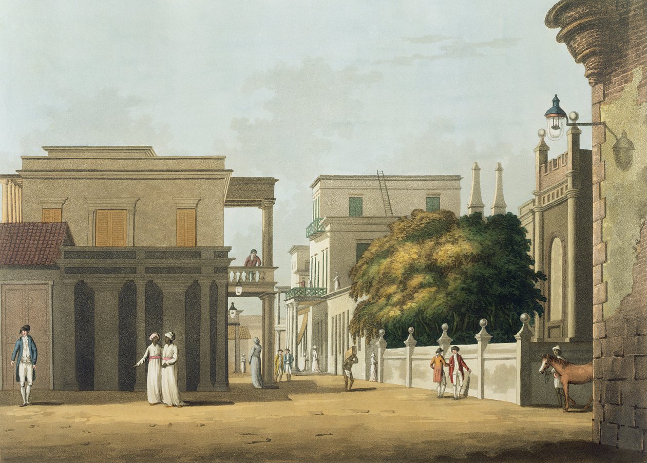Uma vista da parte da rua do St. Thome, forte St George, chapeia 12 de "vinte e quatro vistas em Hindostan", gravado por H. Merke, bar. por Edward Orme (1774-c.1820) 1804 (aquatinta) de Colonel Francis Swain Ward