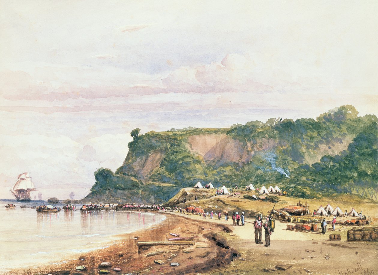 Desembarque das tropas britânicas e francesas em Varua, no Mar Negro, da HMSBellerophon, em 17 de julho de 1854, na Guerra da Criméia (aquarela) de Colonel Ben Hallewell
