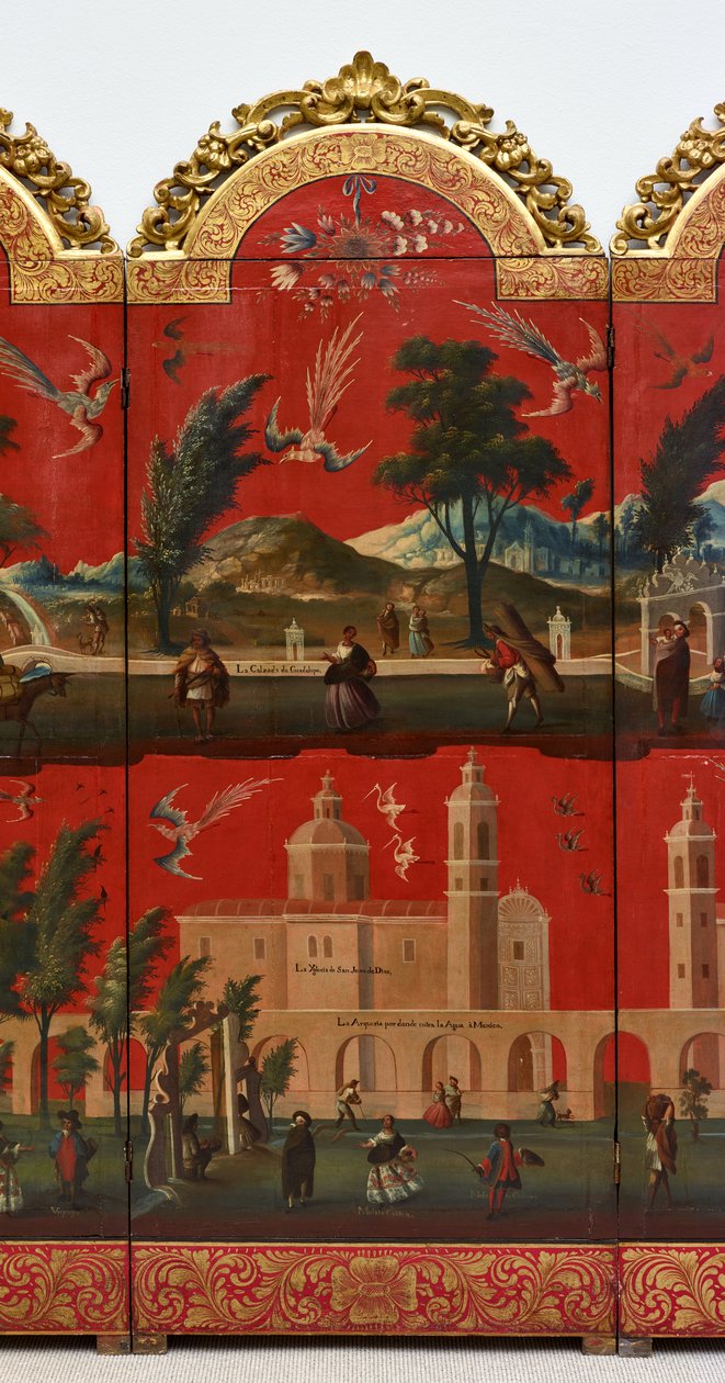 Biombo com vistas da Cidade do México (óleo sobre laca maki-e vermelha sobre painel, com montagens em madeira dourada e suporte em linho) de Colonial Spanish