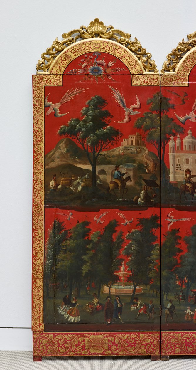 Biombo com vistas da Cidade do México (óleo sobre laca maki-e vermelha sobre painel, com montagens em madeira dourada e suporte em linho) de Colonial Spanish