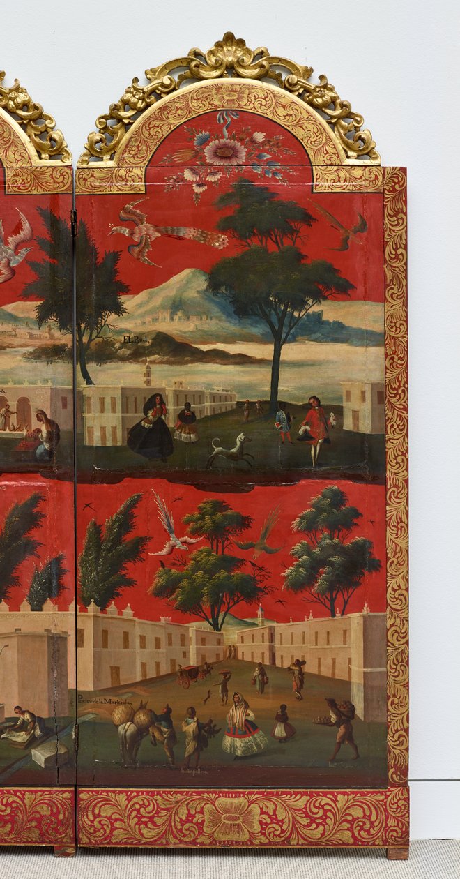 Biombo com vistas da Cidade do México (óleo sobre laca maki-e vermelha sobre painel, com montagens em madeira dourada e suporte em linho) de Colonial Spanish