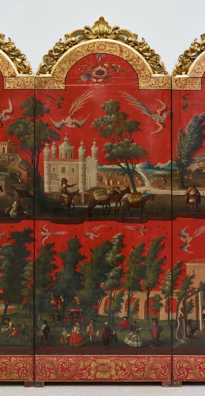 Biombo com vistas da Cidade do México (óleo sobre laca maki-e vermelha sobre painel, com montagens em madeira dourada e suporte em linho) de Colonial Spanish