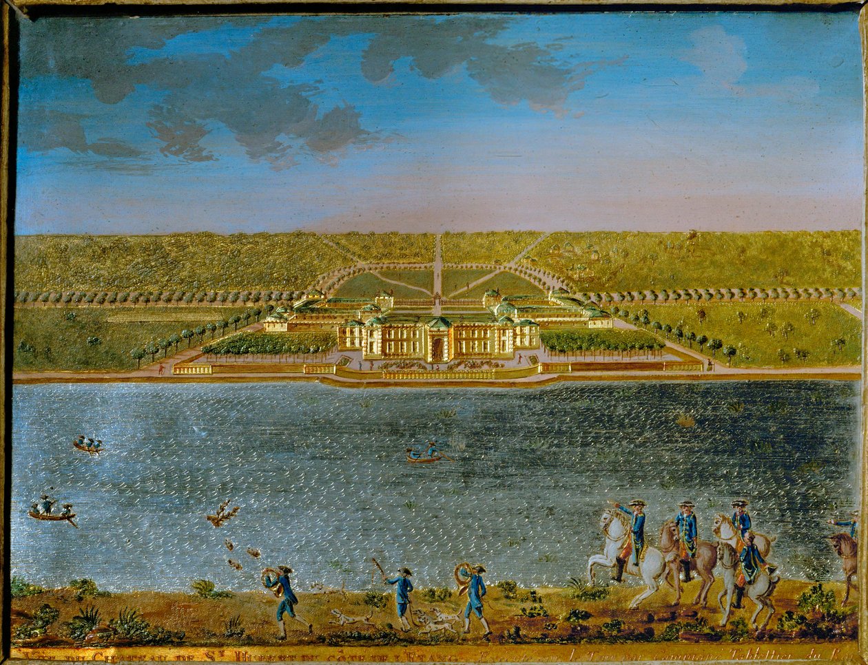 St. Hubert, pavilhão de caça perto de Paris, construído por Luís XV ... (placa retangular de estanho, dourada e goivada) de Compigne Compigne