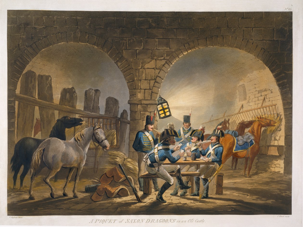 Um Piquet de Dragoons saxões em um antigo castelo, de &39;Military Evolutions&39;, pub. Ackermann, Londres, 1799-1802 de Conrad Gessner
