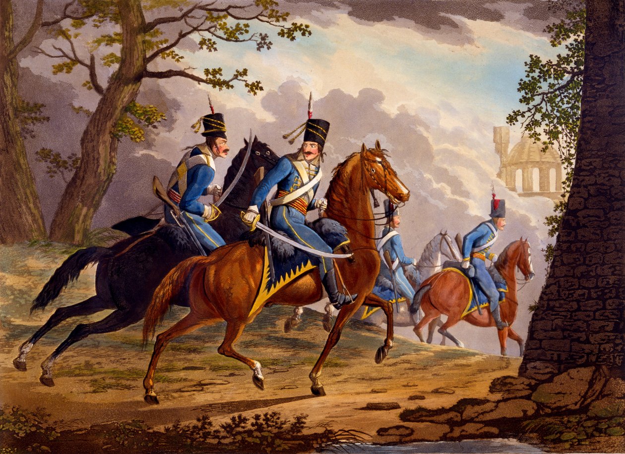 Hussardos austríacos em busca do inimigo, 1799 (aquatinta colorida à mão) de Conrad Gessner