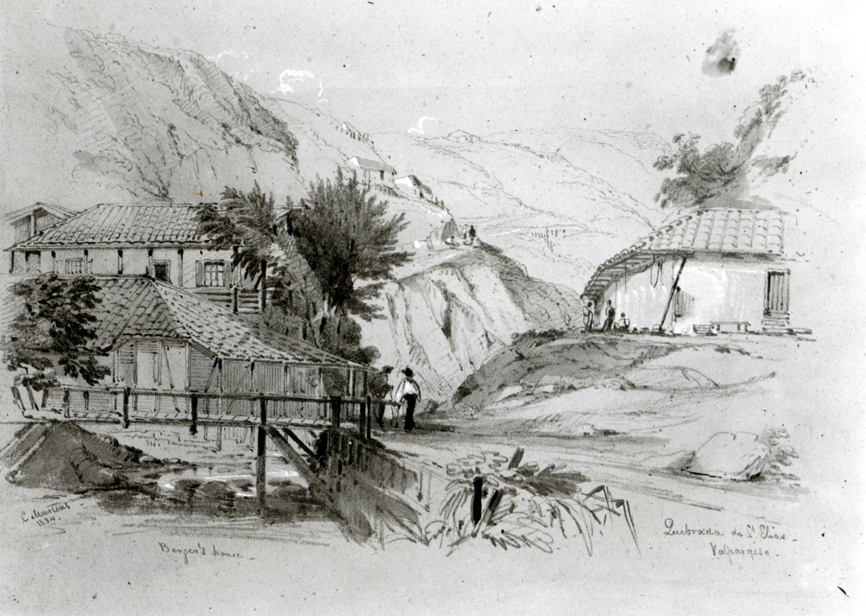 Casa de Berger, Valparaíso, 1834 (lápis e wc no papel) (foto bw) de Conrad Martens