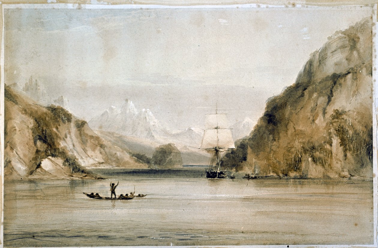 Hms Beagle nos caminhos marítimos da Terra do Fogo (aguarela) de Conrad Martens