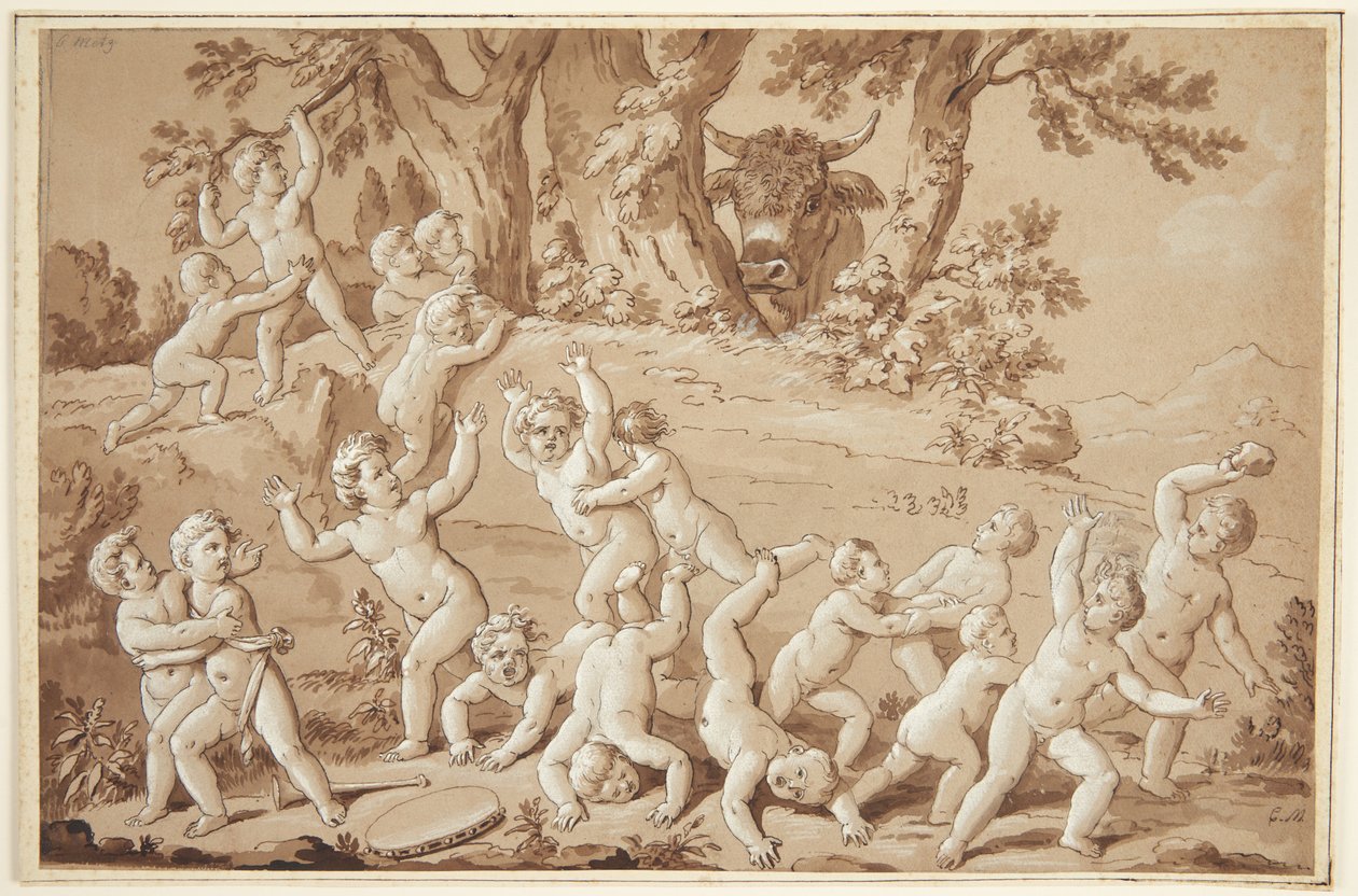 Um grande grupo de putti mergulhado no terror pela chegada de um touro de Conrad Martin Metz