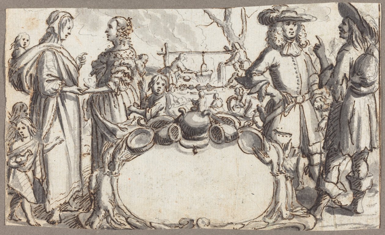 Alegoria da Pobreza e da Riqueza (caneta e tinta castanha com lavagem cinzenta sobre papel vegetal) de Conrad Meyer