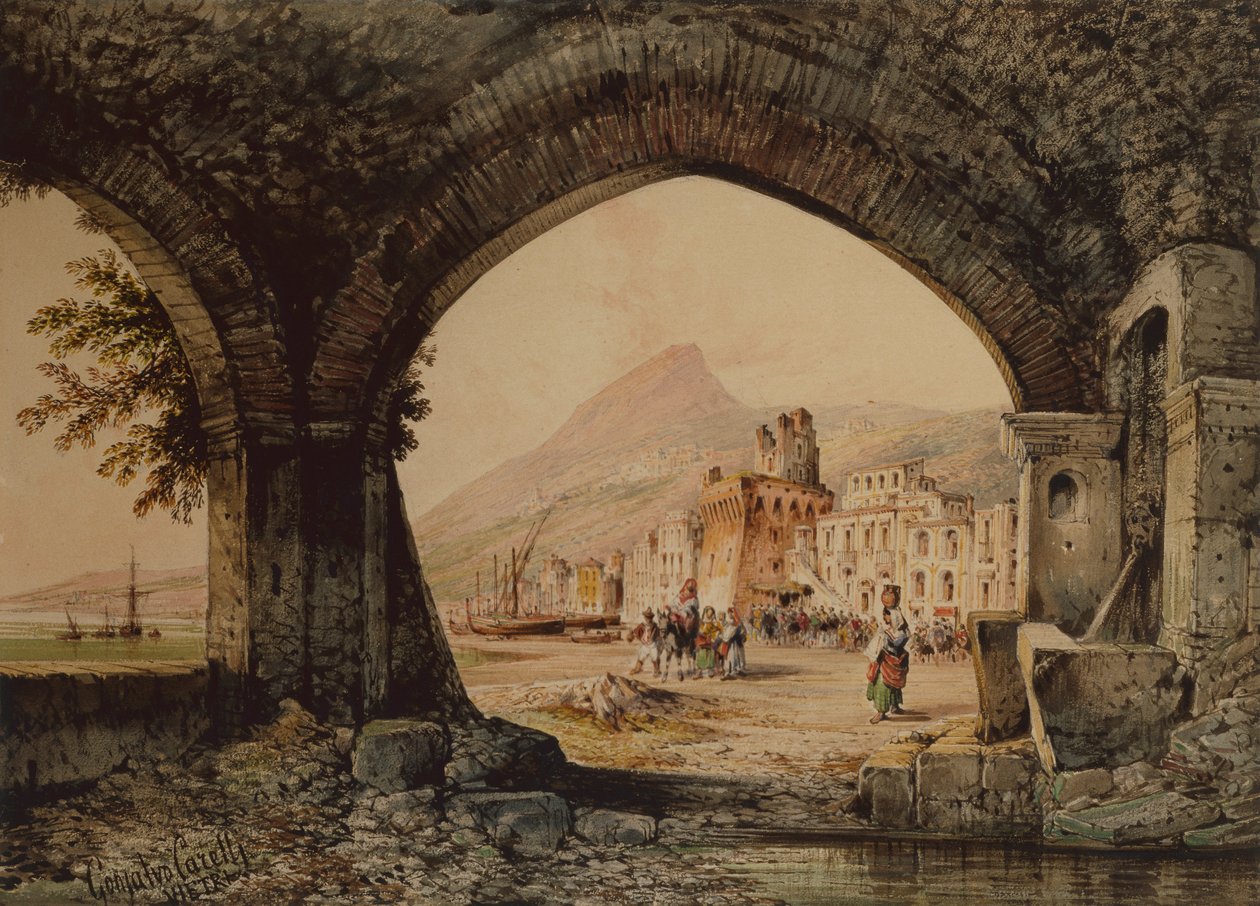 A Village Assembly, Itália (lápis e aquarela) de Consalvo Carelli