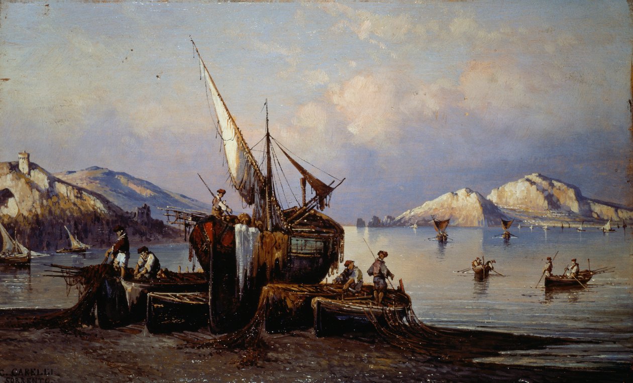 Pescadores em Nerano com a ilha de Capri em fundo (óleo sobre tela) de Consalvo Carelli
