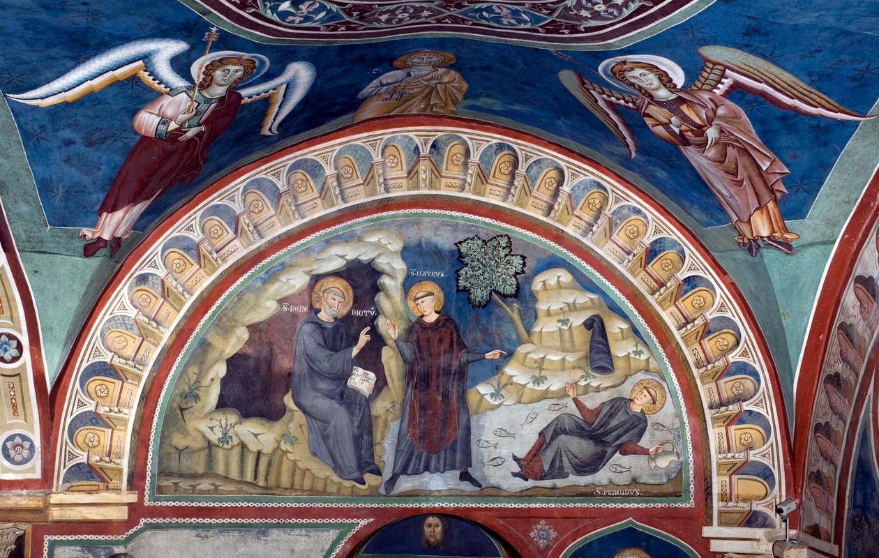 O milagre de São Plácido São Bento de Nursie, graças à intervenção de São Maurício, seu primeiro discípulo, salva o jovem Plácido apanhado no riacho de um lago. Fresco pelo Mestre Consolo (século XIII) Igreja Baixa. Mosteiro de São Benedetto ( de Consolo 