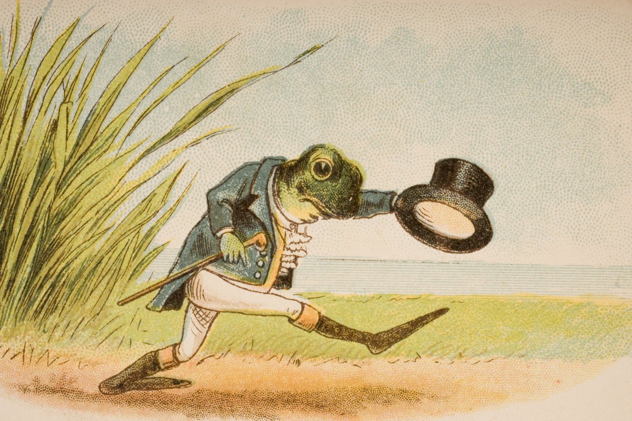 Um sapo que ele iria A-Wooing Go, de "Old Mother Goose Rimas e contos", publicado por Frederick Warne und Co., c.1890s (chromolitho) de Constance Haslewood