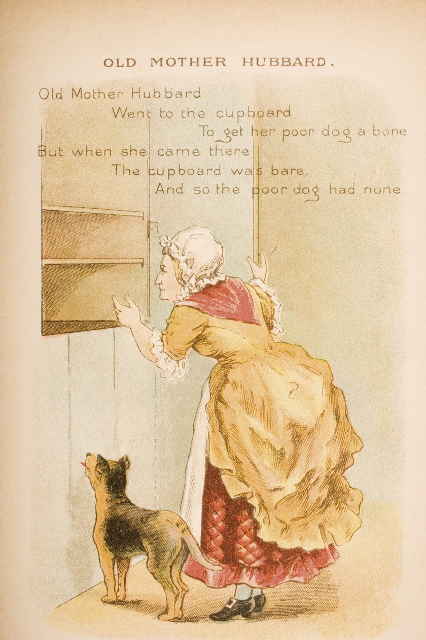 Velha Mãe Hubbard, de "Rimas e Contos da Velha Mamãe Ganso", publicado por Frederick Warne und Co., c.1890s (cromolito) de Constance Haslewood
