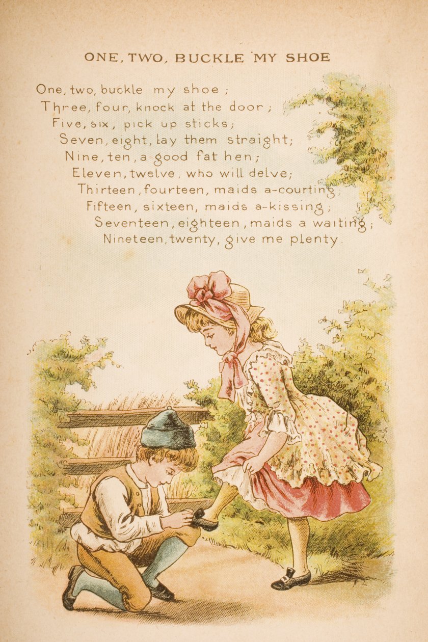Um, dois, fivela meu sapato, de "Rimas e contos da velha mãe ganso", publicado por Frederick Warne und Co., c.1890s (cromolitho) de Constance Haslewood