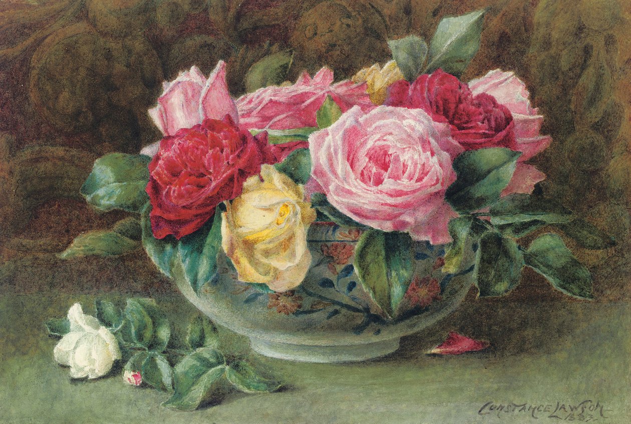 Natureza morta com uma tigela de rosas cor de rosa, amarelas e vermelhas, 1883 de Constance Lawson