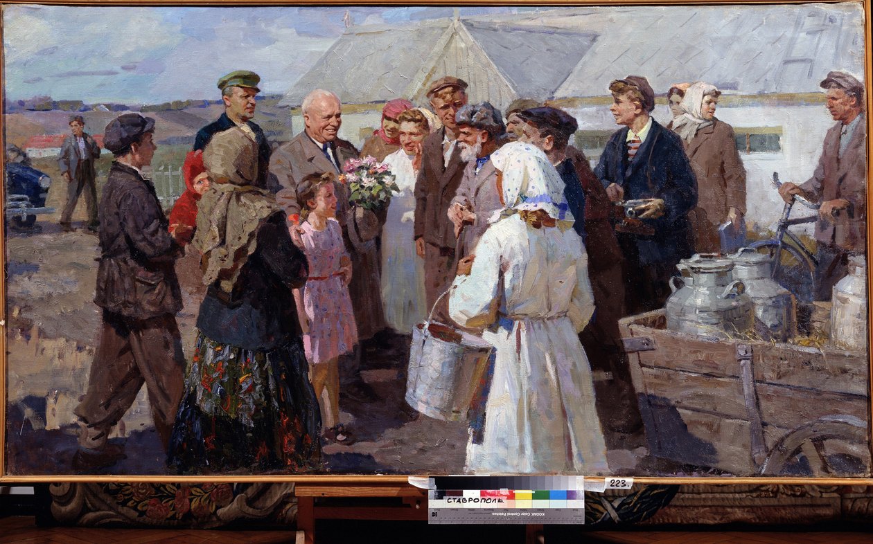 Visita do primeiro-ministro N. Khrushchev ao Stavropol Krai, final da década de 1950 (óleo sobre tela) de Constance Walton