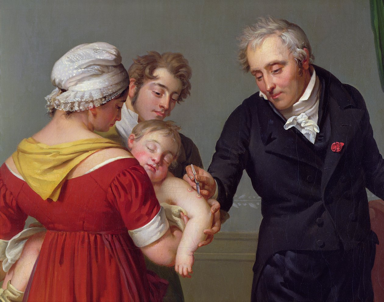 Barão Jean Louis Alibert (1768-1837) realizando a vacinação contra a varíola no Chateau de Liancourt, c. 1820 (detalhe) de Constant Joseph Desbordes
