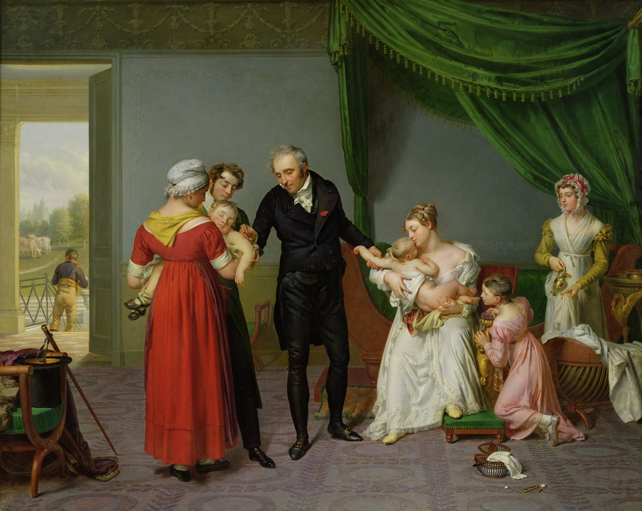 Barão Jean Louis Alibert (1768-1837) realizando a vacinação contra a varíola no Castelo de Liancourt, c. 1820 de Constant Joseph Desbordes