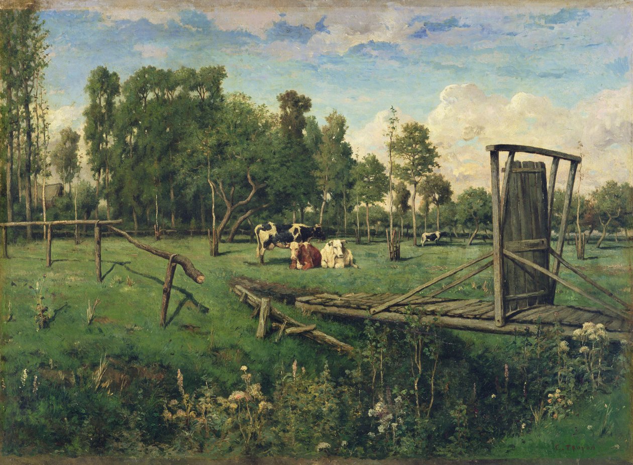 Um pasto na Normandia (óleo sobre tela) de Constant Emile Troyon