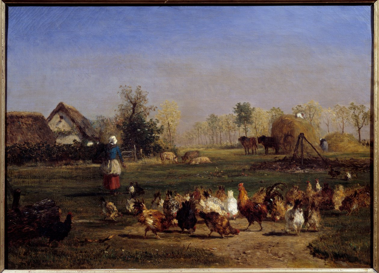 La provende des hens La basse cour (Basse-cour). Pintura de Constant Troyon (1810-1865) Sol do século XIX. 0,51x0,7 m - A provinciana das galinhas. O pátio da fazenda. Pintura de Constant Troyon (1810-1865) de Constant Emile Troyon