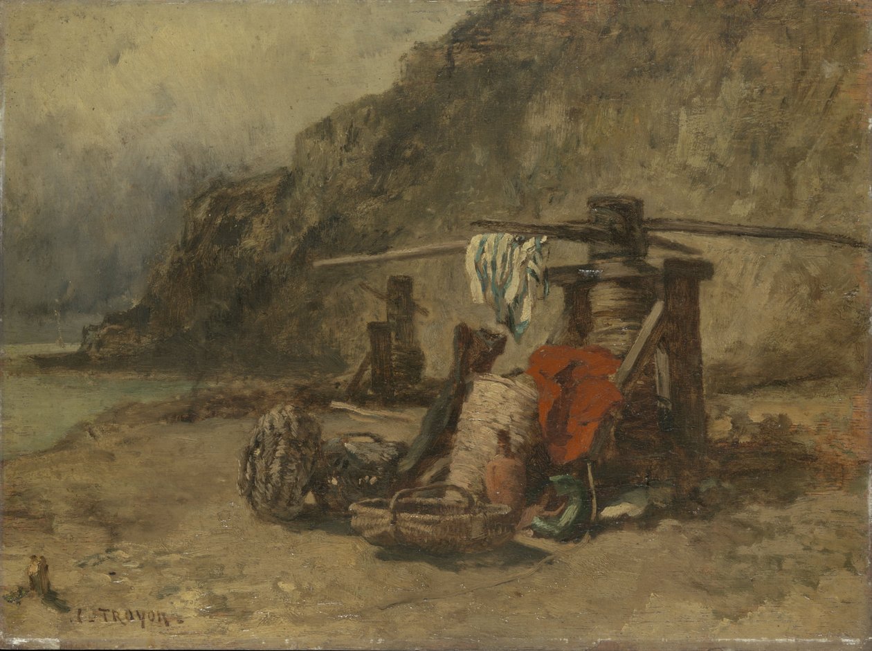 Cenário de praia com suportes de capa de Constant-Emile Troyon
