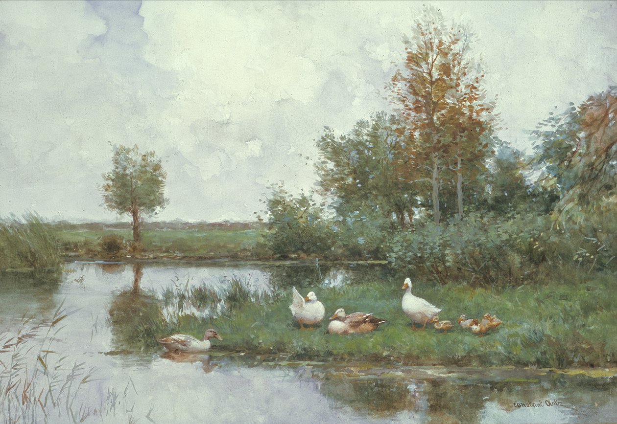 Patos em uma paisagem fluvial (óleo sobre tela) de Constant Artz