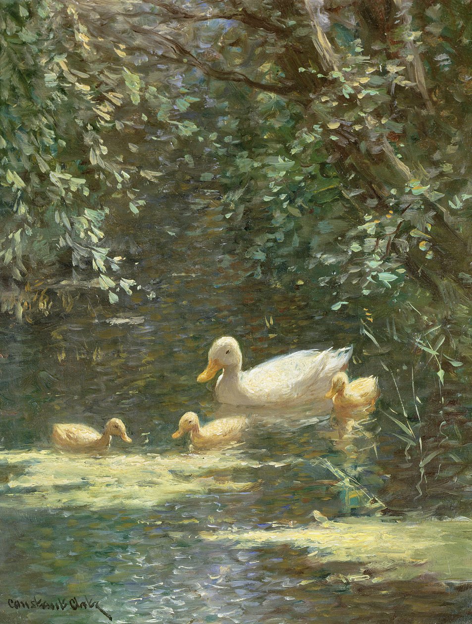Pato Mãe com Patinhos na Água (óleo sobre tela)e de Constant Artz