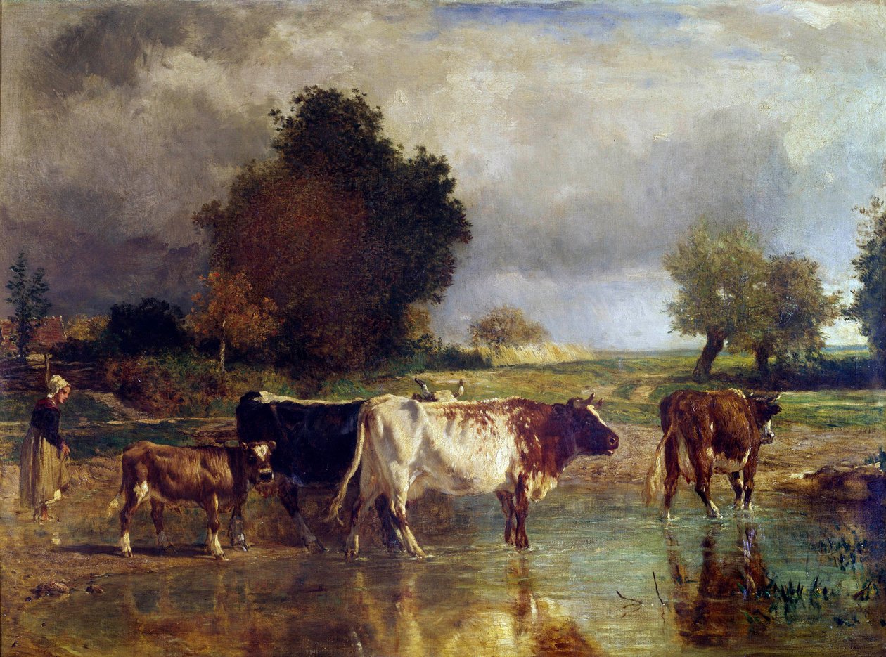 Vaca e vitela no lago ou no bebedouro Pintura por Constant Troyon (1810-1865) Sol do século XIX. 0,78x1,03 m de Constant Emile Troyon