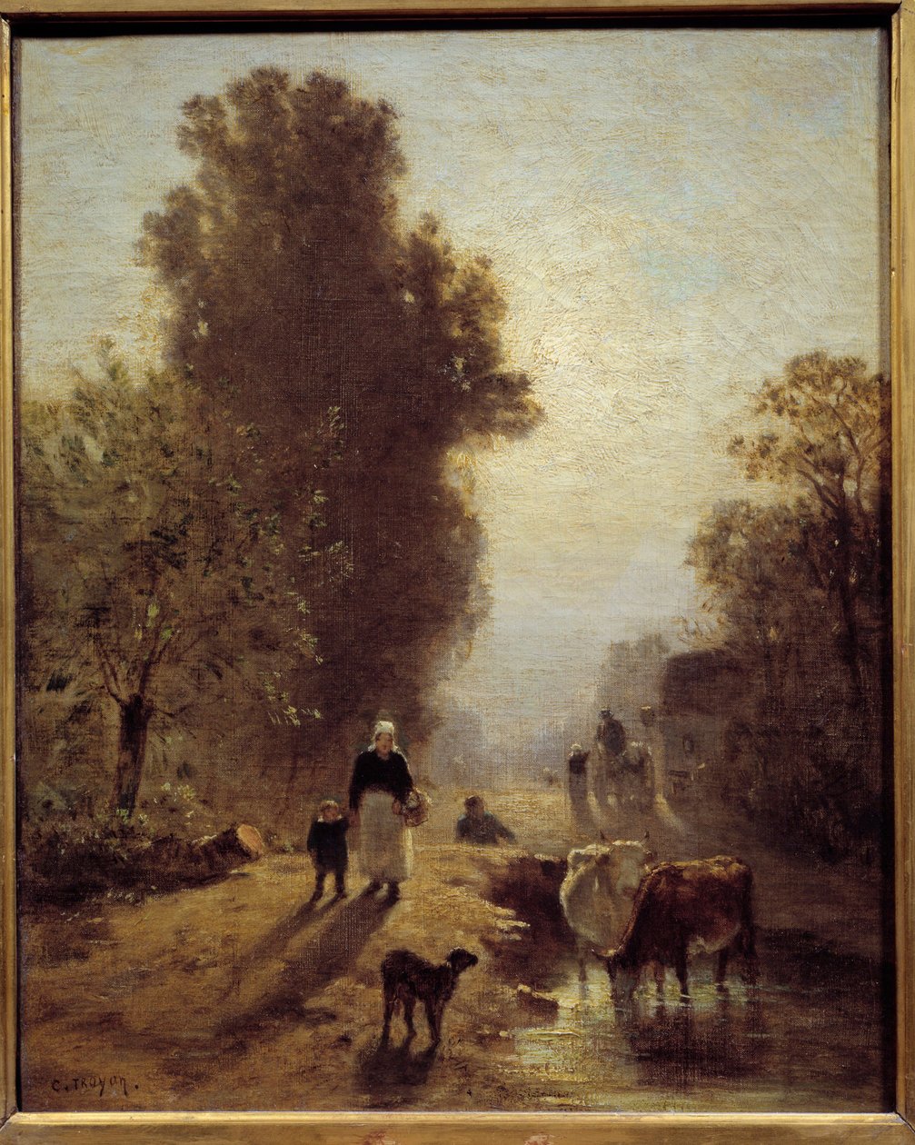 Pela manhã, famílias de camponeses e ser cauda na bruma do amanhecer. Pintura por Constant Troyon (1810-1865) Sol do século XIX. 0,41x0,32 m de Constant Emile Troyon