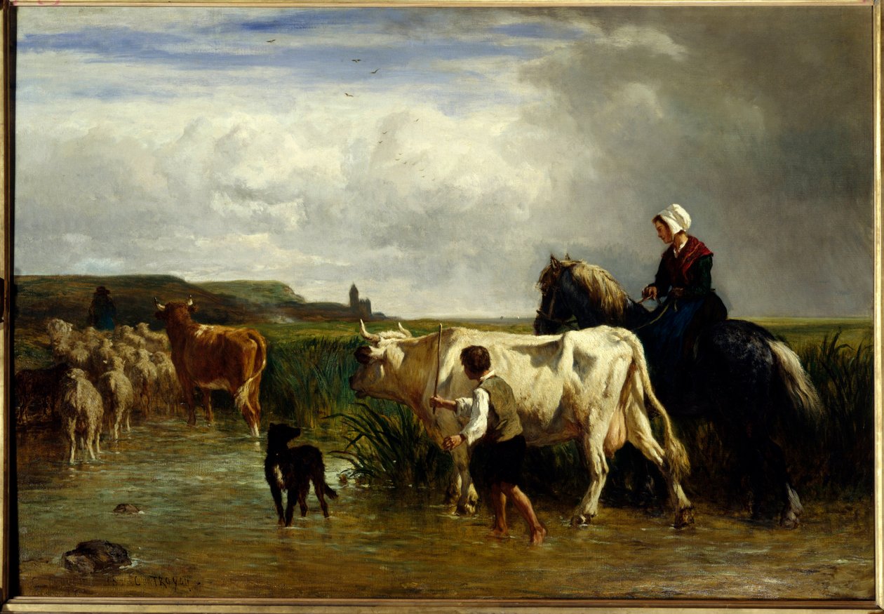 Le passage du gue Painting by Constant Troyon (1810-1865) 19 Century Sun. 1,15x1,65 m Paris, Musee du Louvre. de Constant Emile Troyon