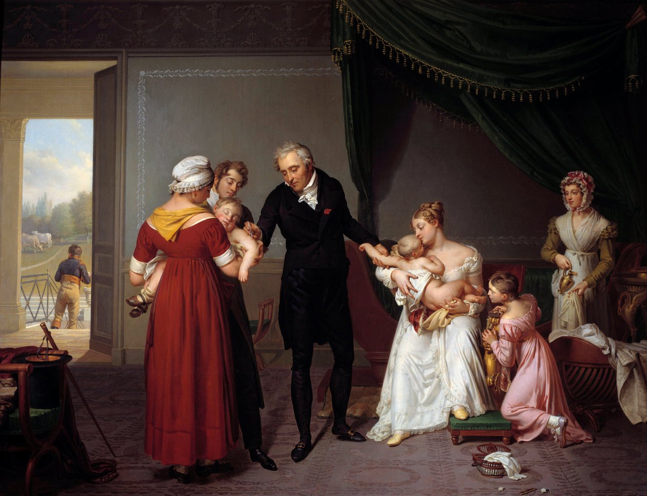 Alibert a vacinar uma criança no Castelo de Liancourt. Esta foto representa uma vacinação contra a varíola, de acordo com o princípio de Edward Jenner. Pintura de Constant Desbordes (1761-1827) de Constant Joseph Desbordes