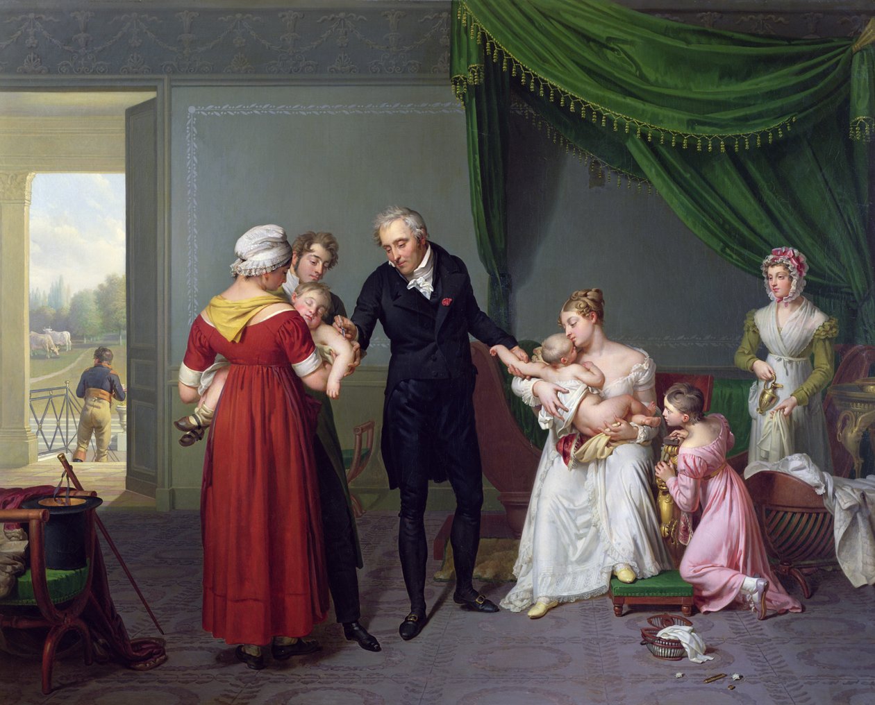Barão Jean Louis Alibert (1768-1837) realizando a vacinação contra a varíola no Castelo de Liancourt, c. 1820 de Constant Joseph Desbordes