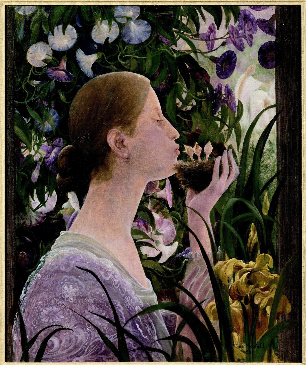 O Ninho. Jovem mulher de perfil, num jardim de flores, segurando um ninho na mão e beijando os passarinhos. Pintura por Constant Montaid (1862-1944), óleo sobre tela de Constant Montald
