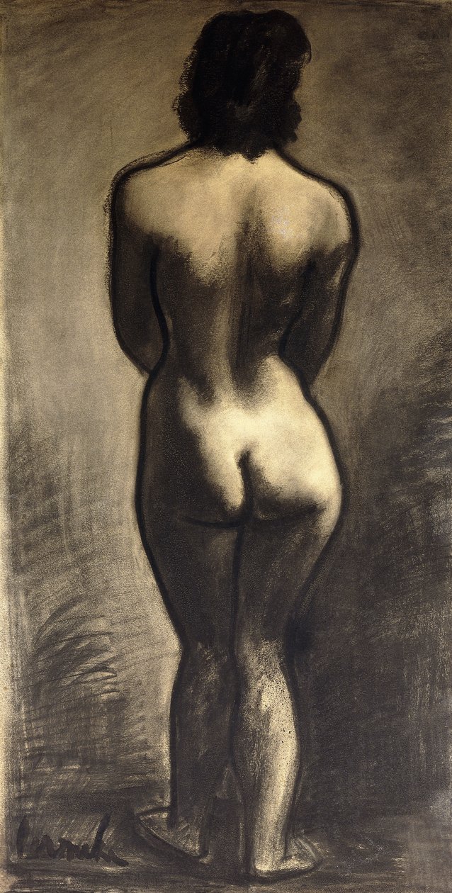 Nu Nu em pé; Nu Debout - Stand Naakt, c. 1930 (giz preto e lavagem preta sobre papel) de Constant Permeke