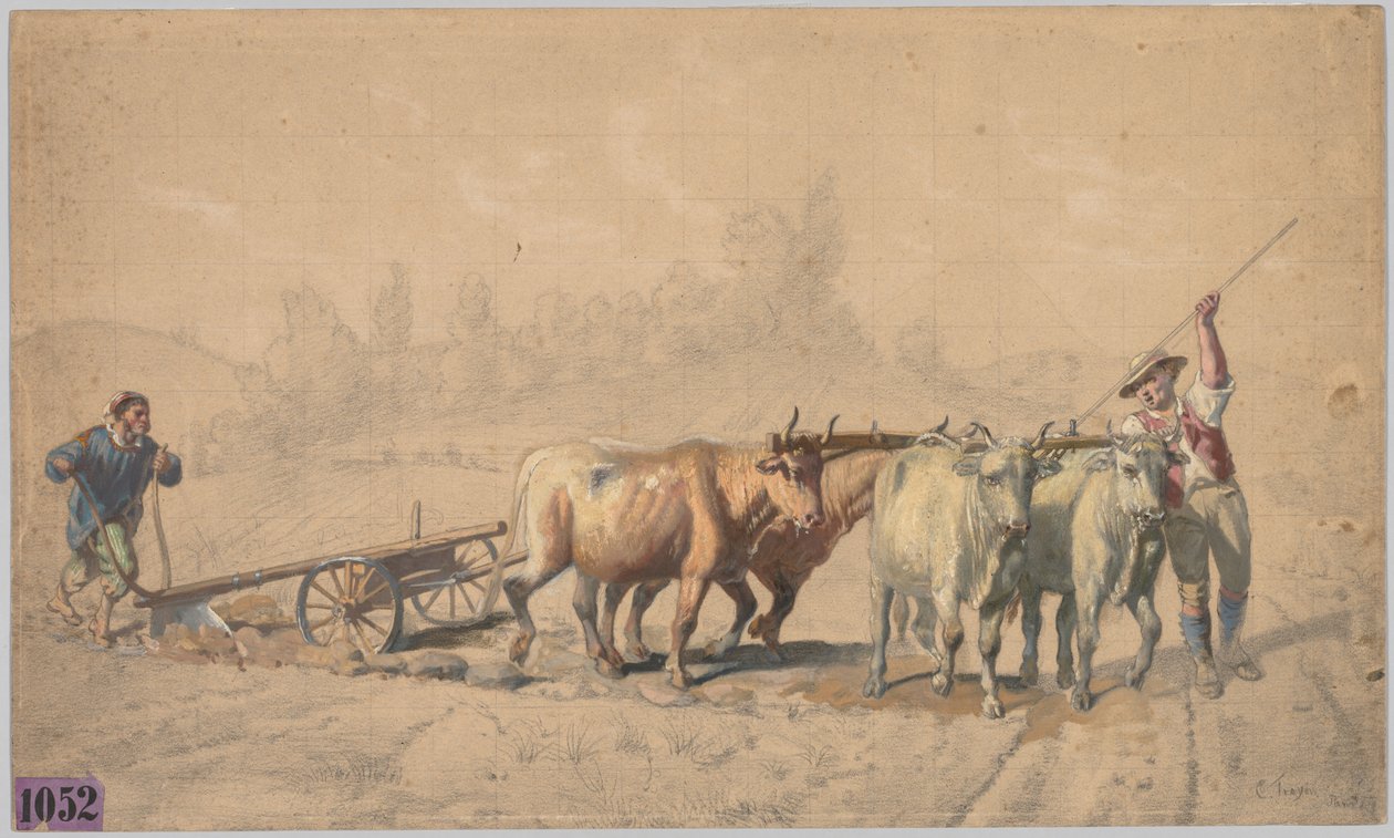 Quatro bois puxando um arado, 1853. de Constant Troyon